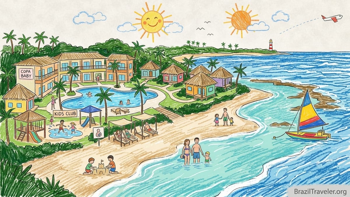 Family-friendly beach resort in Northeast Brazil with shallow kids’ pool, palm trees and calm sea.