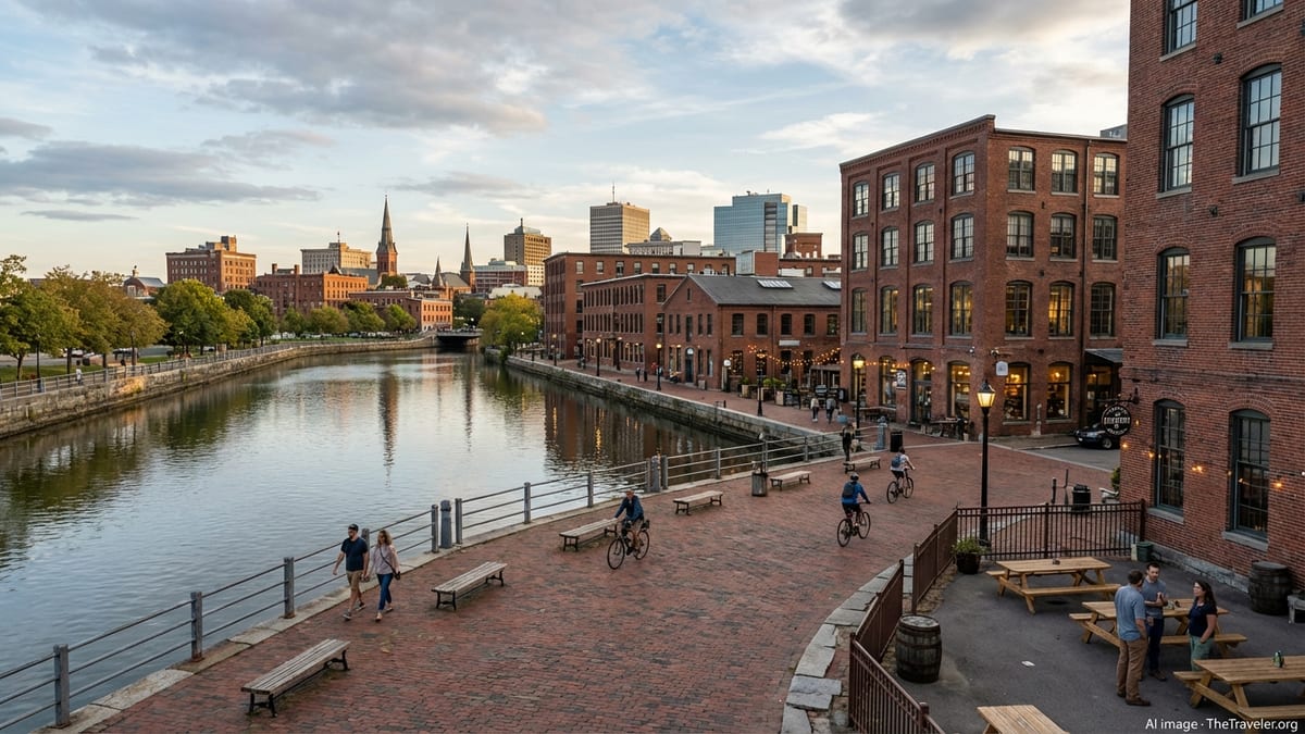 Evening view of a brick waterfront promenade and historic mill buildings in a Northeast city.
