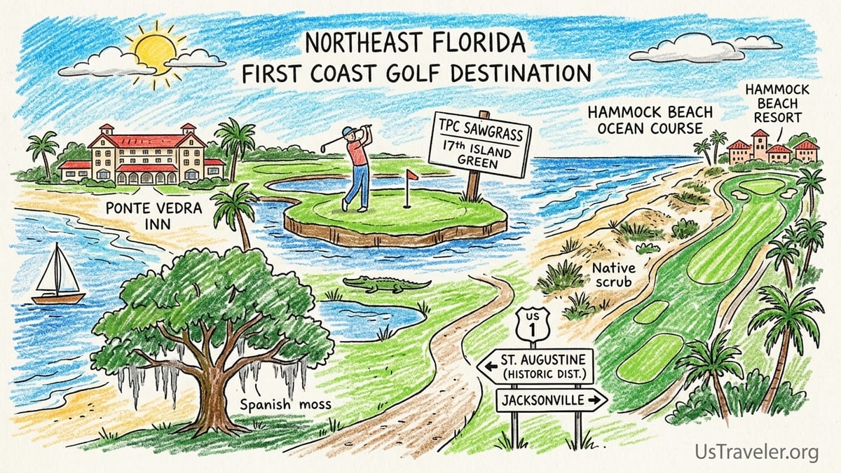 Sunrise over a coastal Florida golf course with oceanfront fairway and distant resort.