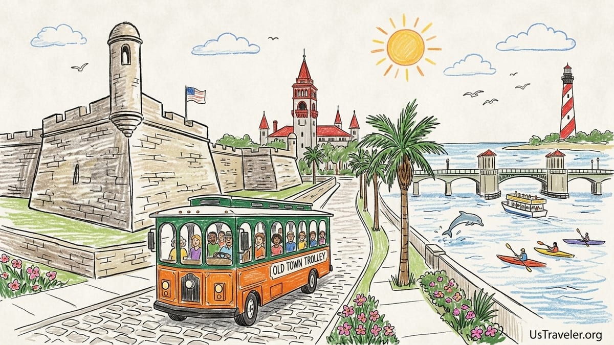 Old Town trolley and sightseeing boat in early morning light on the St. Augustine waterfront.