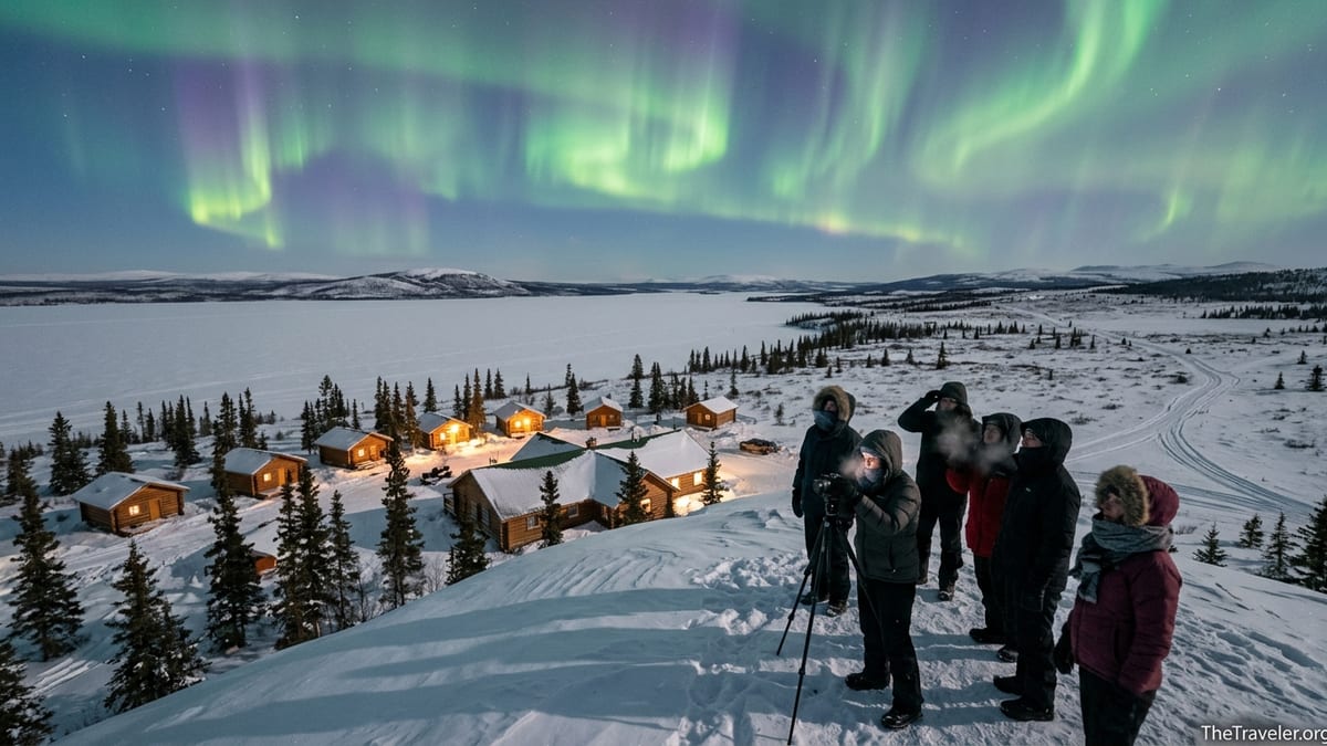 Travelers watch the northern lights above a remote snowy lodge in northern Canada.