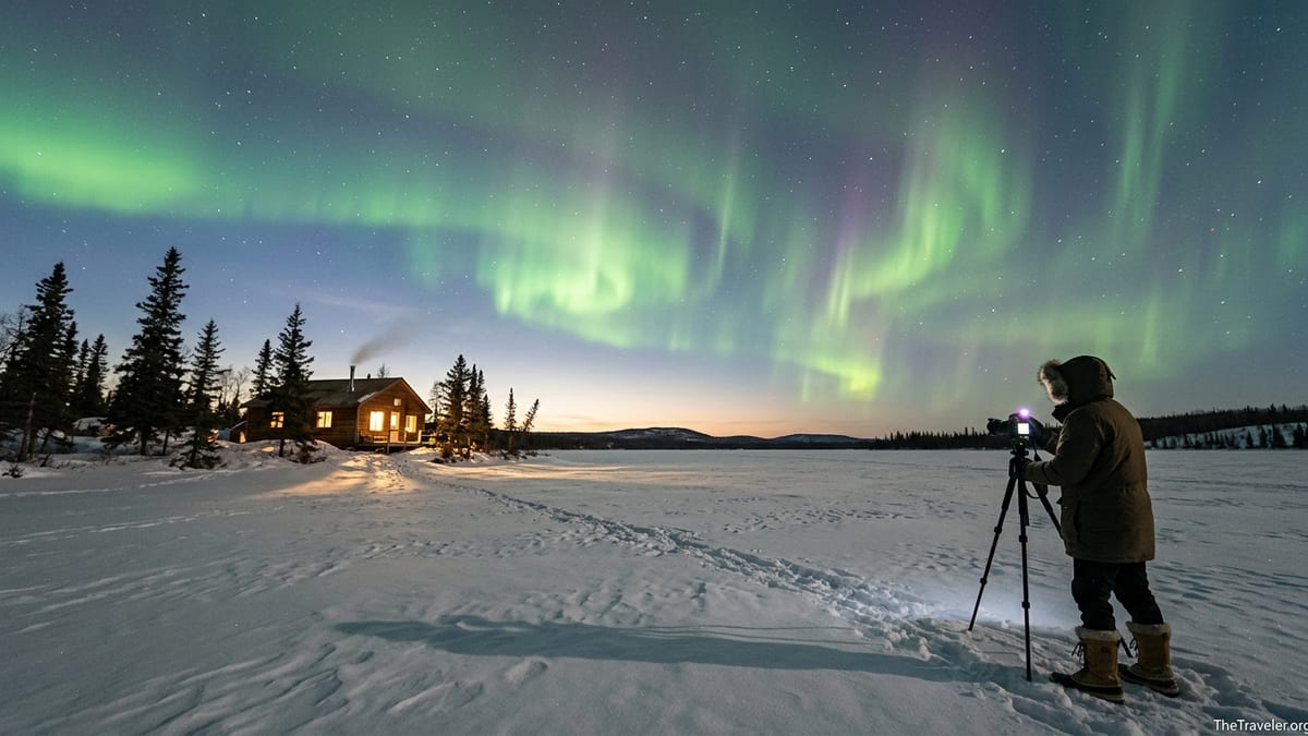 Photographer on a frozen northern Canadian lake capturing vivid green aurora above a small lit lodge at dusk.