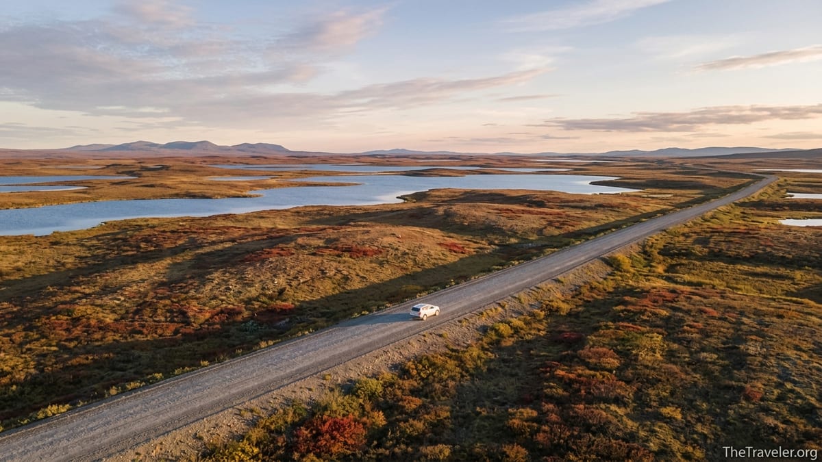 Aerial view of a gravel highway crossing tundra and lakes in Northern Canada at sunset.