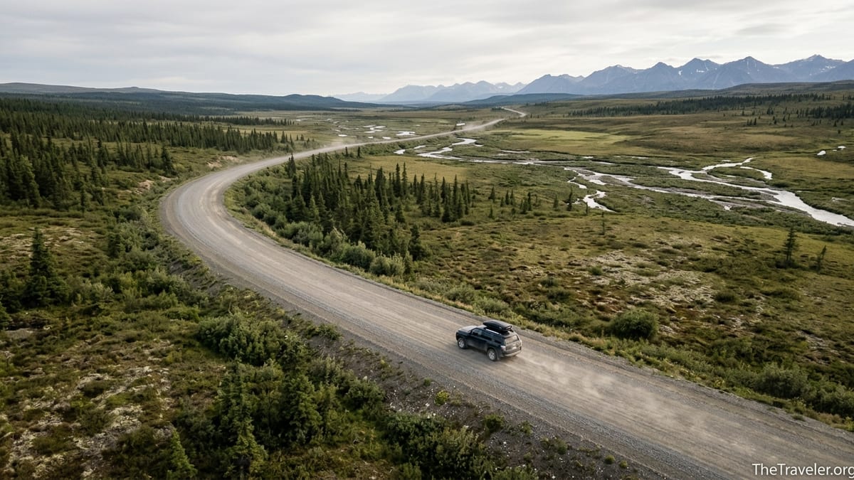 SUV driving along the Dempster Highway through tundra and low mountains in northern Yukon.