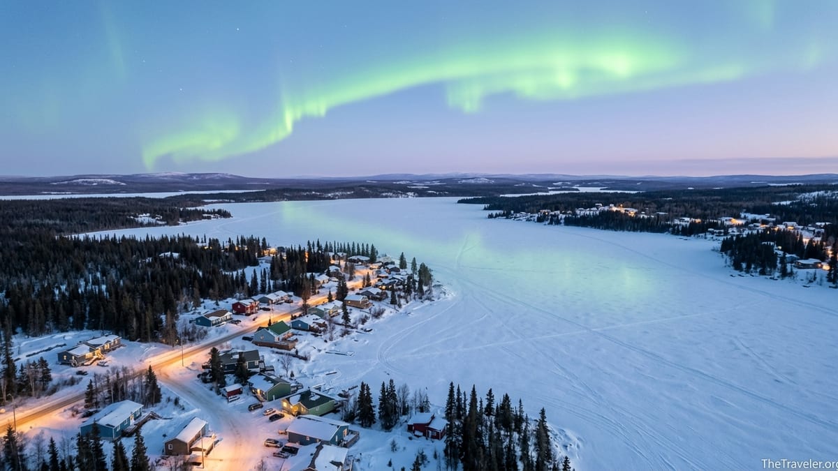 Aerial view of Yellowknife in winter with aurora over a frozen lake and spruce forest.