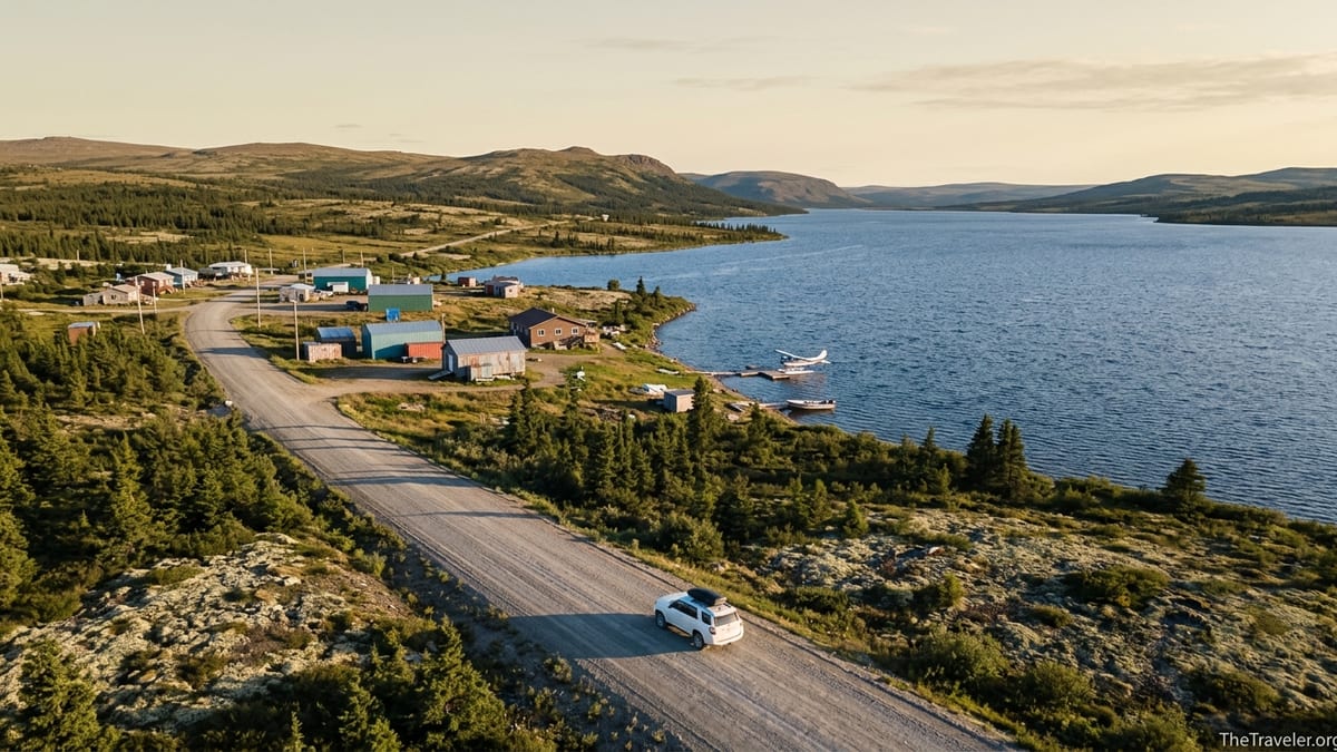 A remote northern Canada town with a lodge, floatplane and SUV on a gravel road by a tundra lake at sunset.