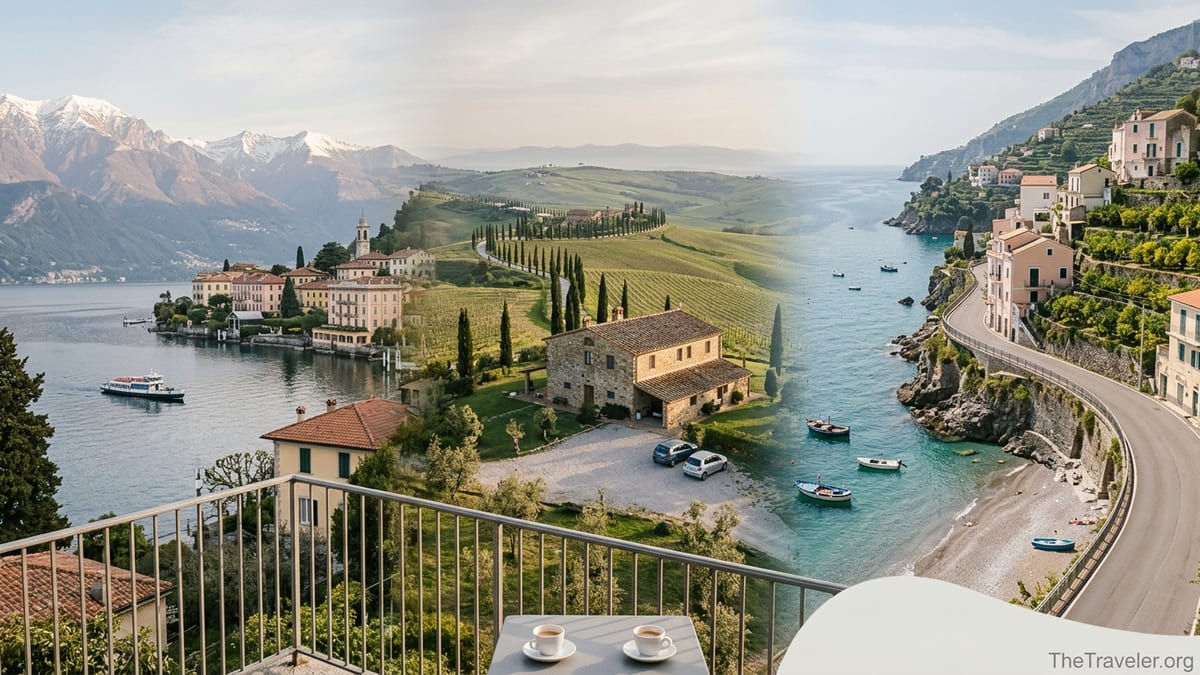 Panoramic view linking Italian Alps, Tuscan hills and a southern cliffside village above the sea at sunrise.