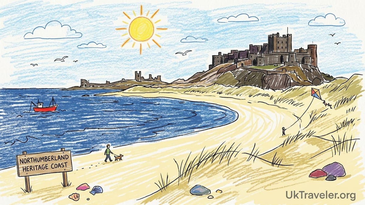 Wide sandy northern England beach with distant castle and walkers in soft evening light.