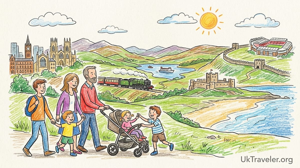 Family looking over a Lake District valley and lake boat during a summer walk in northern England.
