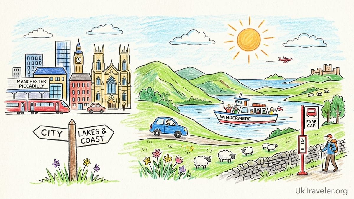 View over Lake Windermere with bus, car and walkers showing Northern England travel options.