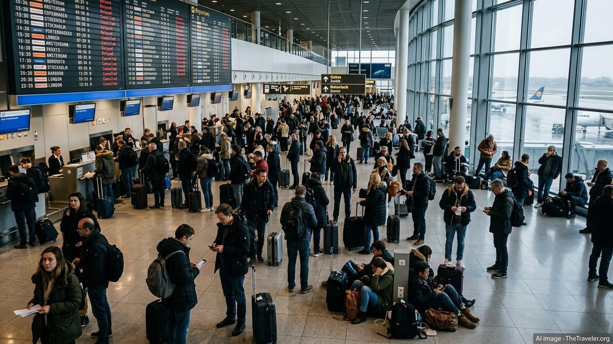 Crowded European airport terminal with delayed and cancelled winter flights on the departure boards.