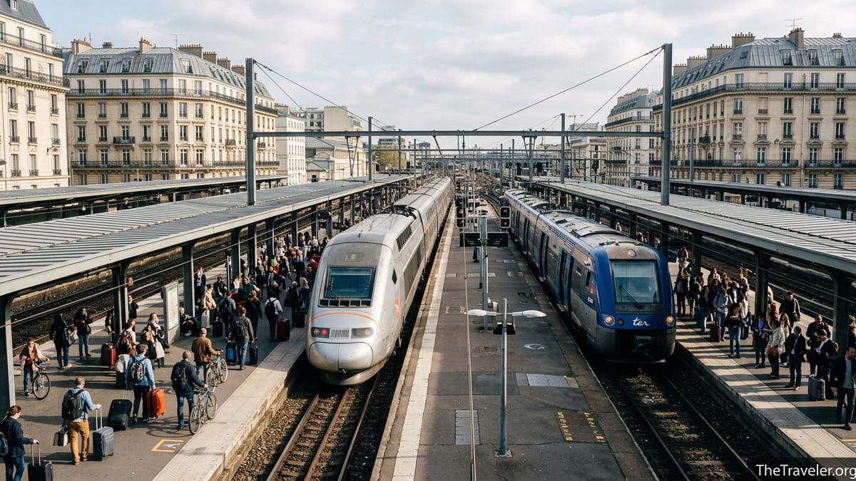 Travelers boarding TGV and regional trains at Paris Gare du Nord platforms.