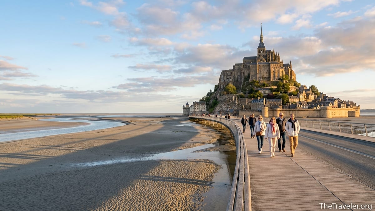 Mont-Saint-Michel at low tide viewed from the causeway on a golden evening