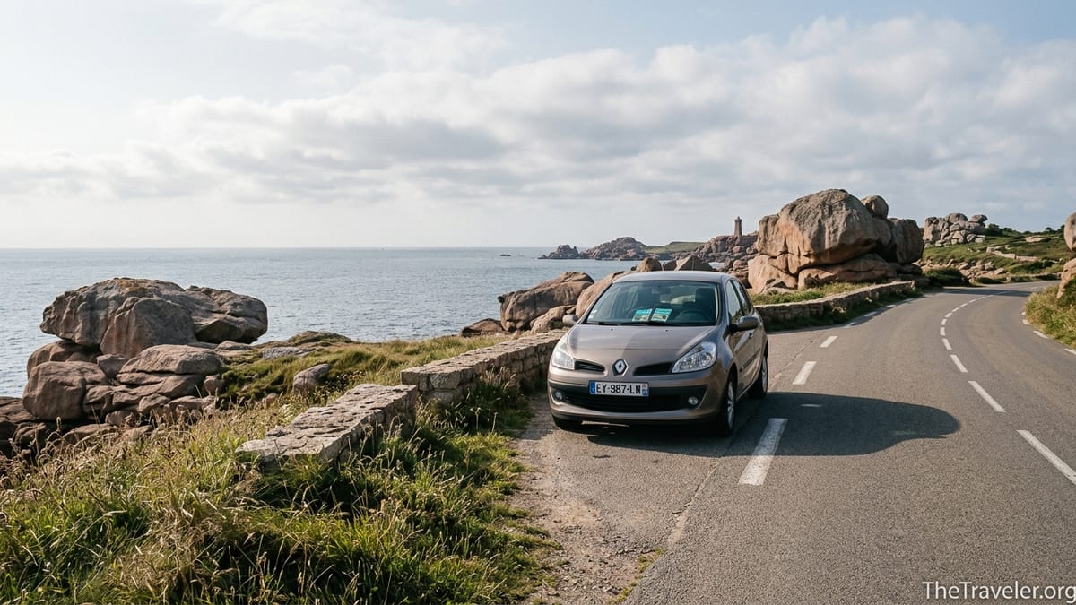 Car parked on a coastal road above the Pink Granite Coast in Brittany, France