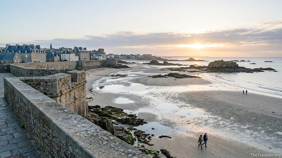 Sunrise over the tidal beach and stone ramparts of Saint-Malo in northern France