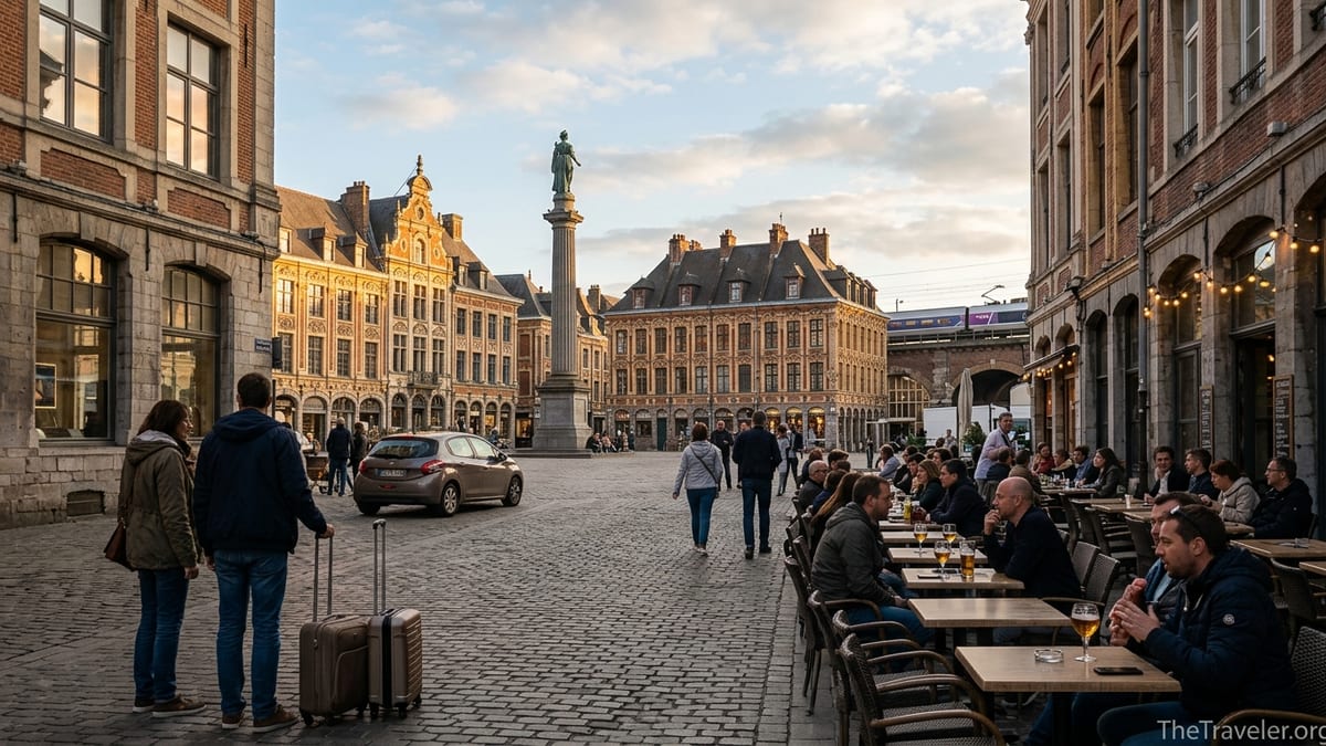 Evening view of Lille Grand’Place with travelers, cafes and historic Flemish facades.