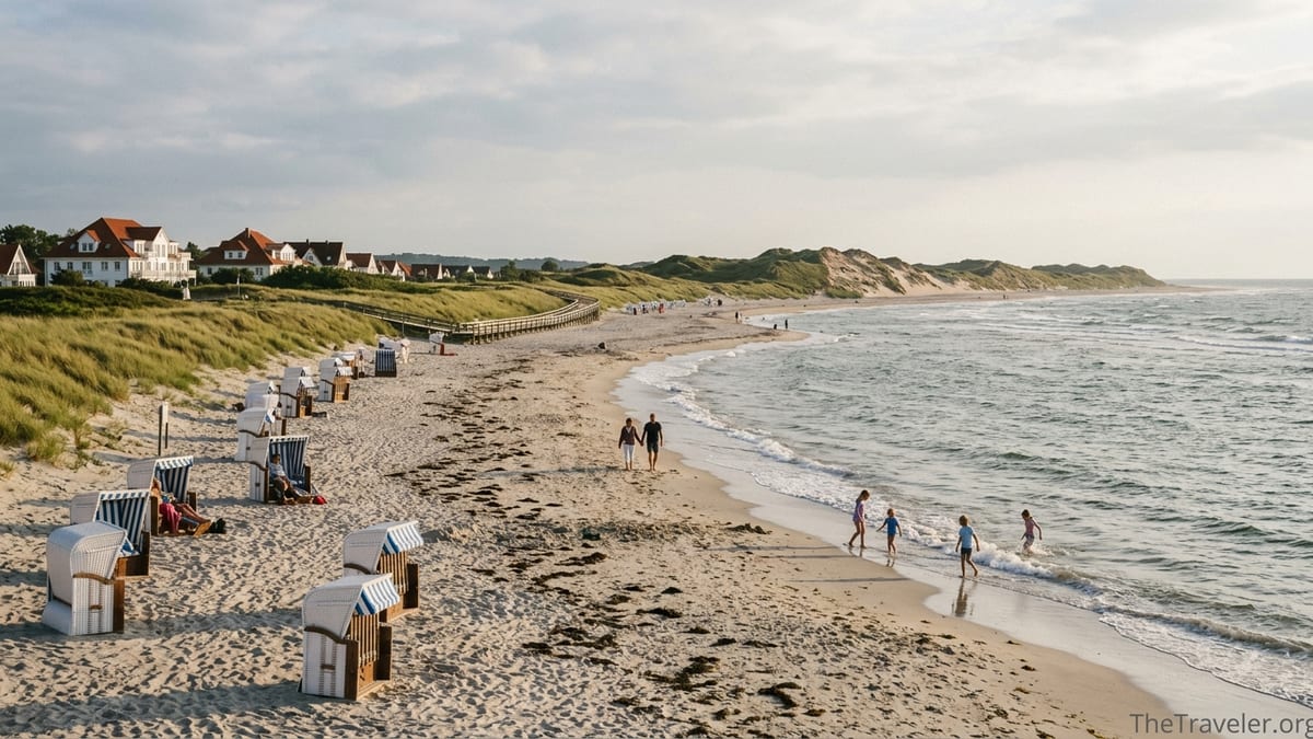 Northern Germany beach with Strandkorb chairs, dunes and families by the sea in soft afternoon light.