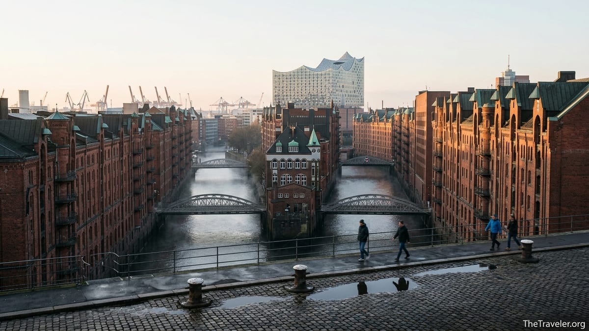 Sunrise over Hamburg’s Speicherstadt and Elbphilharmonie on the Elbe waterfront.