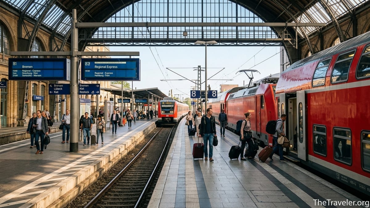 Regional train at Hamburg Hauptbahnhof with travelers boarding under iron-and-glass roof.
