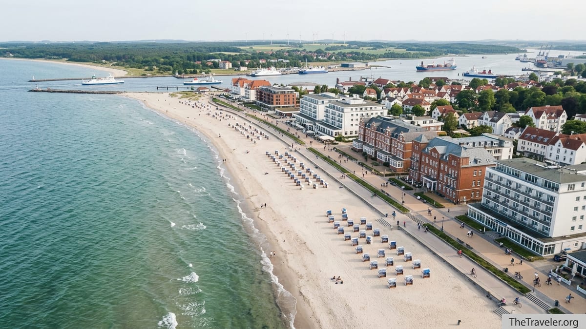Aerial view of Travemünde Baltic beach with Strandkörbe and promenade on a sunny day