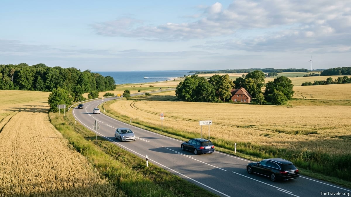 Curving coastal road in northern Germany with cars, fields and the Baltic Sea in the distance.