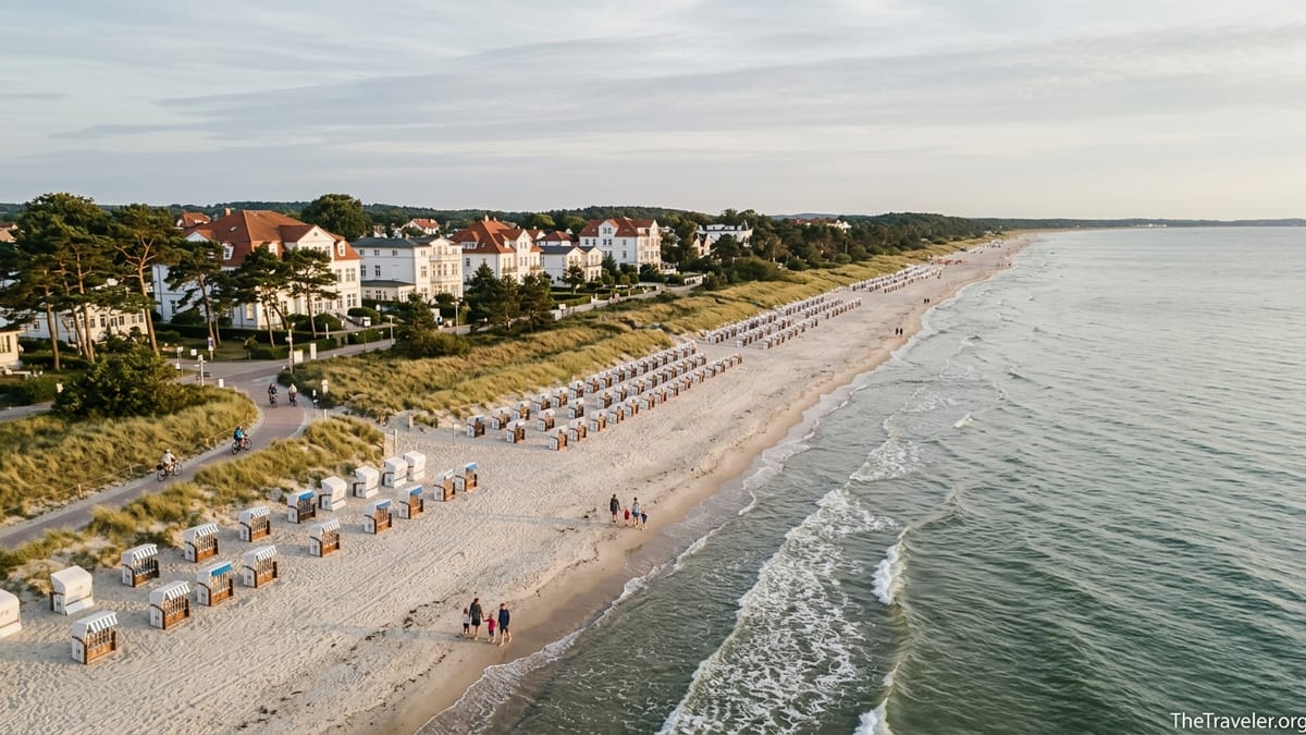 Aerial view of a Baltic Sea spa resort beach with strandkorb chairs, dunes and promenade.