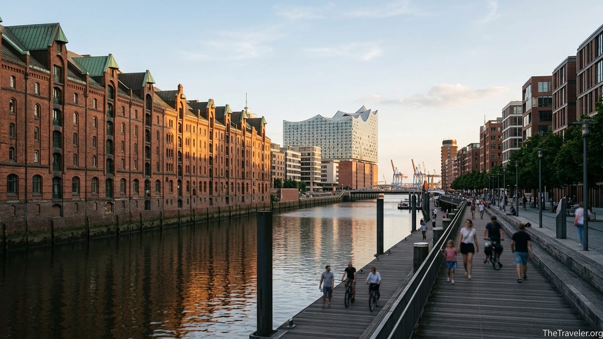 Evening view of Hamburg’s Speicherstadt warehouses and Elbphilharmonie by the water
