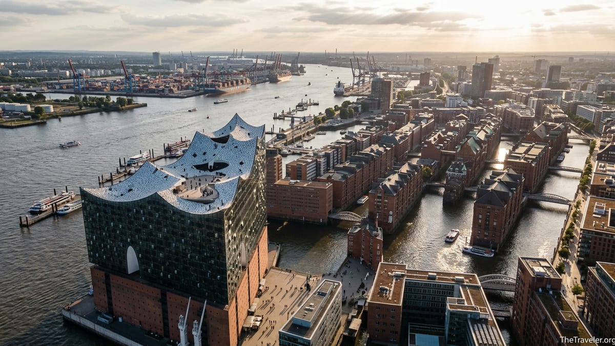 Aerial view of Hamburg’s Elbphilharmonie, Speicherstadt and harbor at golden hour