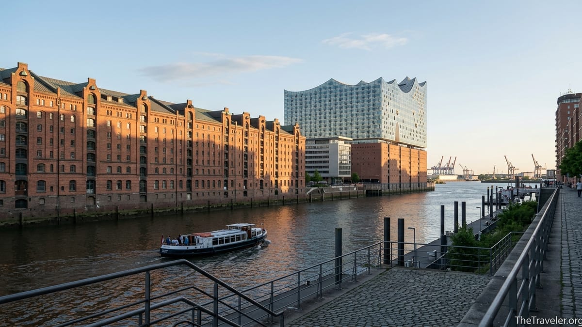 View of Hamburg’s Elbphilharmonie and Speicherstadt brick warehouses along the Elbe River at golden hour.
