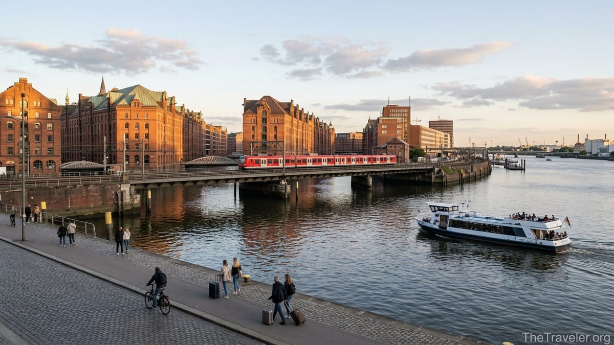 Evening view of Hamburg harbor with train, ferry and historic warehouses.