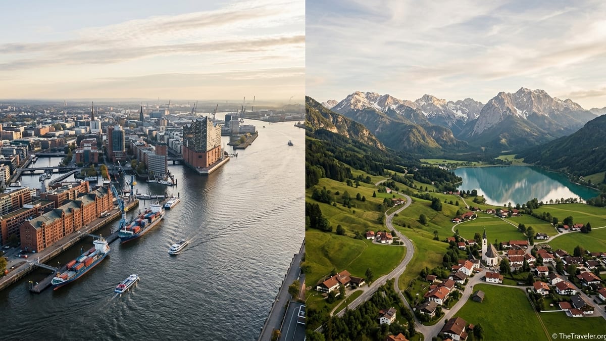 Aerial view contrasting Hamburg’s harbor with Bavarian Alpine peaks and villages in southern Germany.