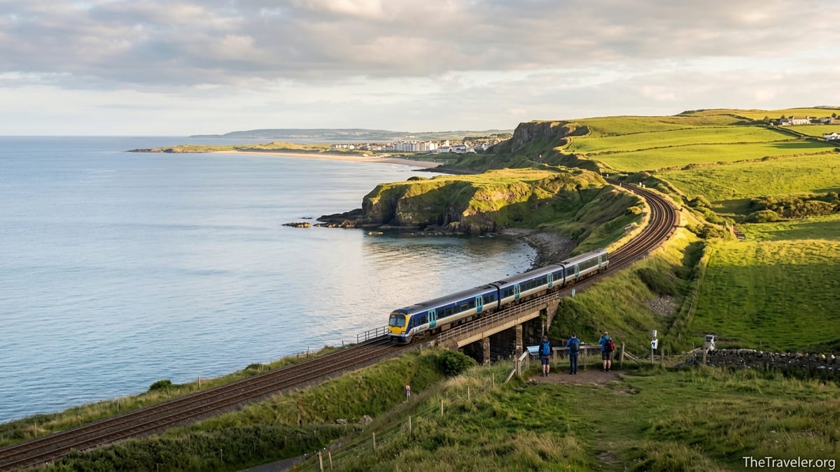 Translink train running along Northern Ireland’s north coast with Portrush and beaches in the distance.