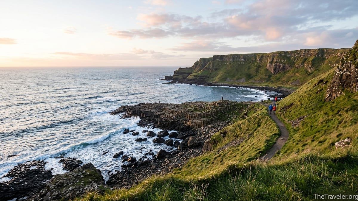 Golden hour view over the Giant’s Causeway cliffs and basalt columns on Northern Ireland’s Causeway Coast.