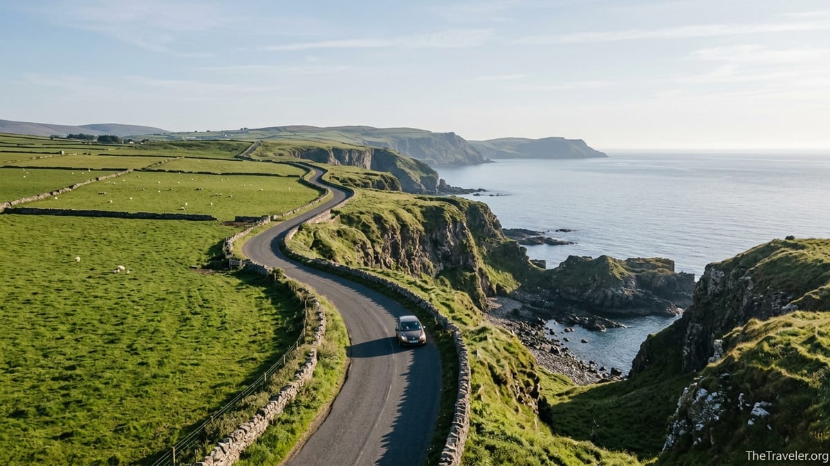 A narrow road winds along green cliffs above the sea on Northern Ireland’s Causeway Coast.