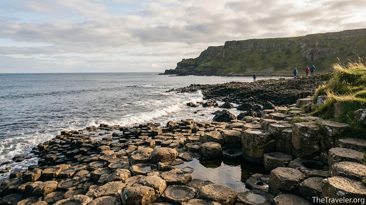 Giant’s Causeway basalt columns leading to green cliffs on the Northern Ireland coast at sunset.
