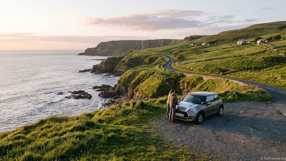 Antrim Coast road near Giant’s Causeway with car, cliffs and sea at golden hour.