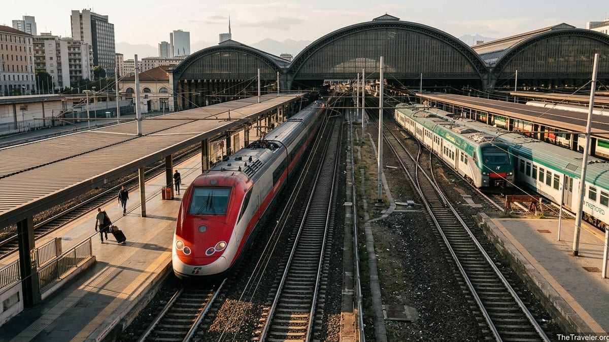 Frecciarossa and regional trains at Milano Centrale station at golden hour.