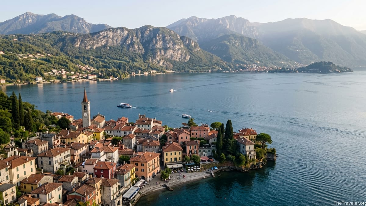 Aerial view of Lake Como and Varenna village with distant Dolomite peaks.