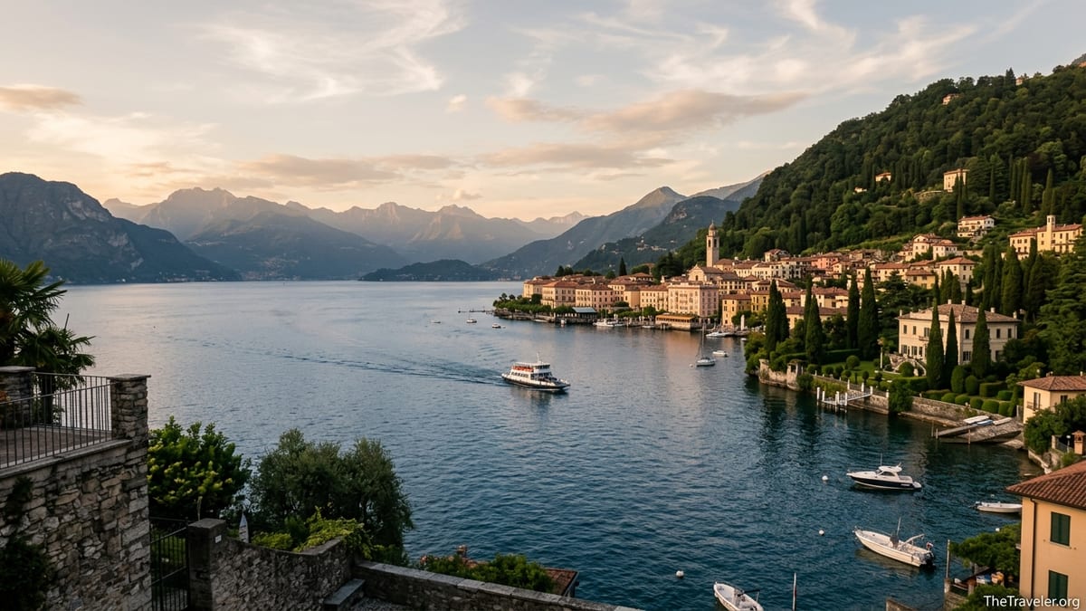 Panoramic evening view over Lake Como with Bellagio and surrounding mountains.