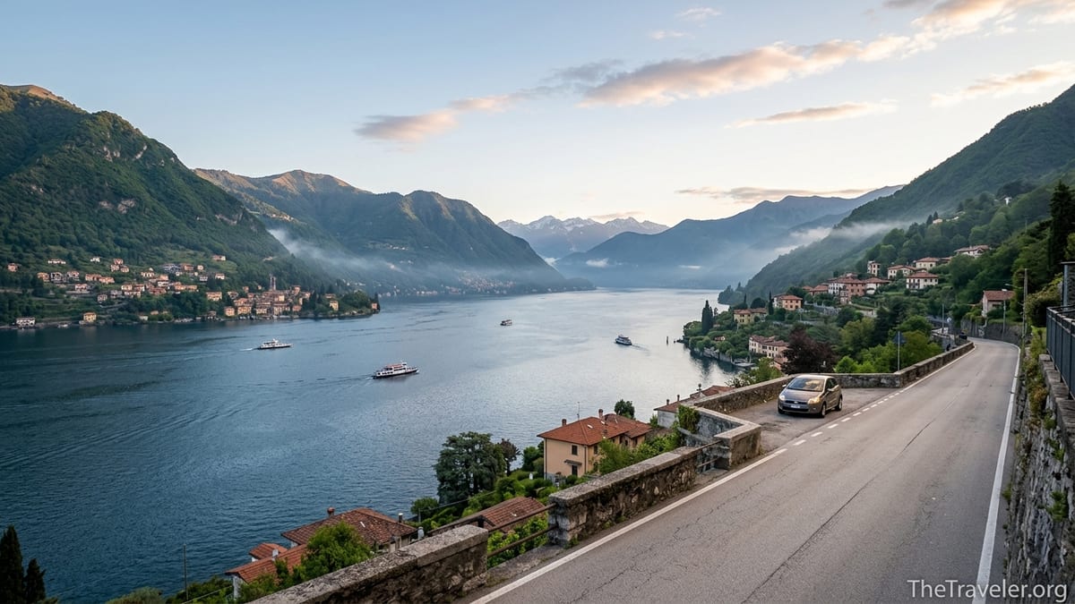 Curving lakeside road above Lake Como at sunrise with a single car and mountain views.