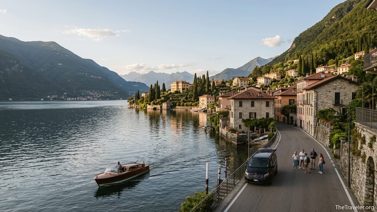 View over Lake Como with private boat and touring van at sunset in Bellagio