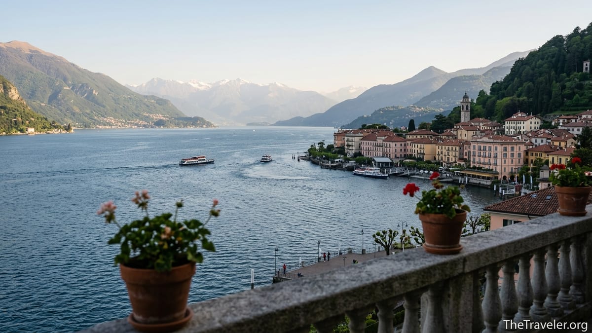 Golden hour view over Lake Como toward Bellagio with villas, ferries and distant Alpine peaks.