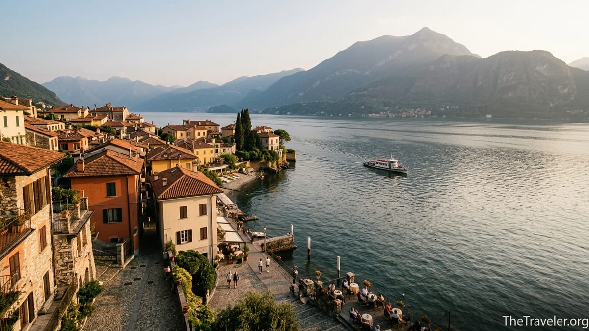Lake Como waterfront town with ferry and distant Alps at golden hour