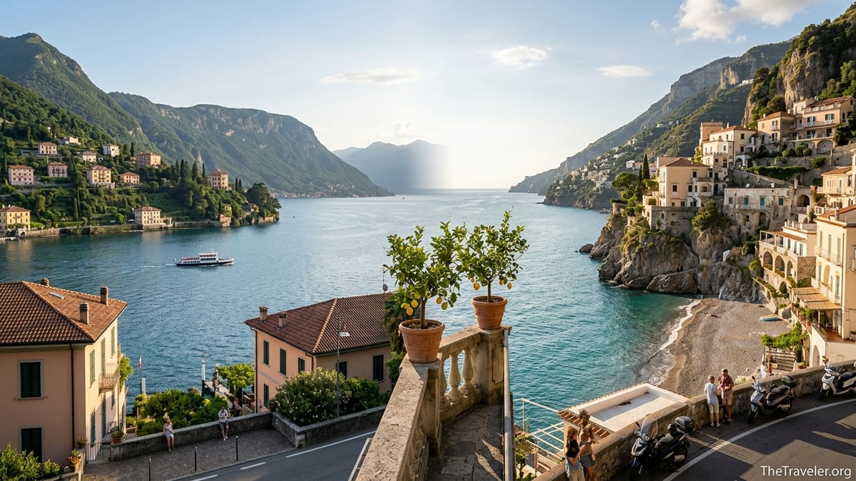 Panoramic view contrasting a northern Italian lake town with a southern Italian seaside village at sunset.