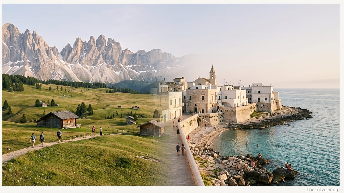 Contrasting view of Italy with Dolomite mountains on one side and a whitewashed southern coastal town on the other.