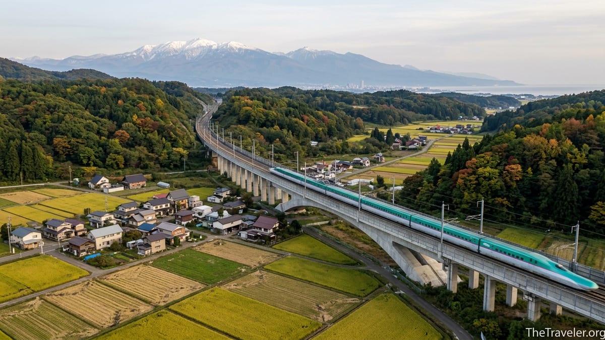Shinkansen train running through rural Tohoku toward distant mountains in soft afternoon light.
