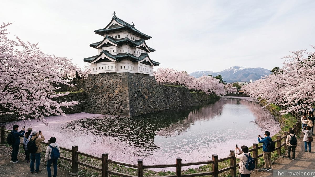 Hirosaki Castle rising above a cherry-blossom-lined moat in full spring bloom in northern Japan.
