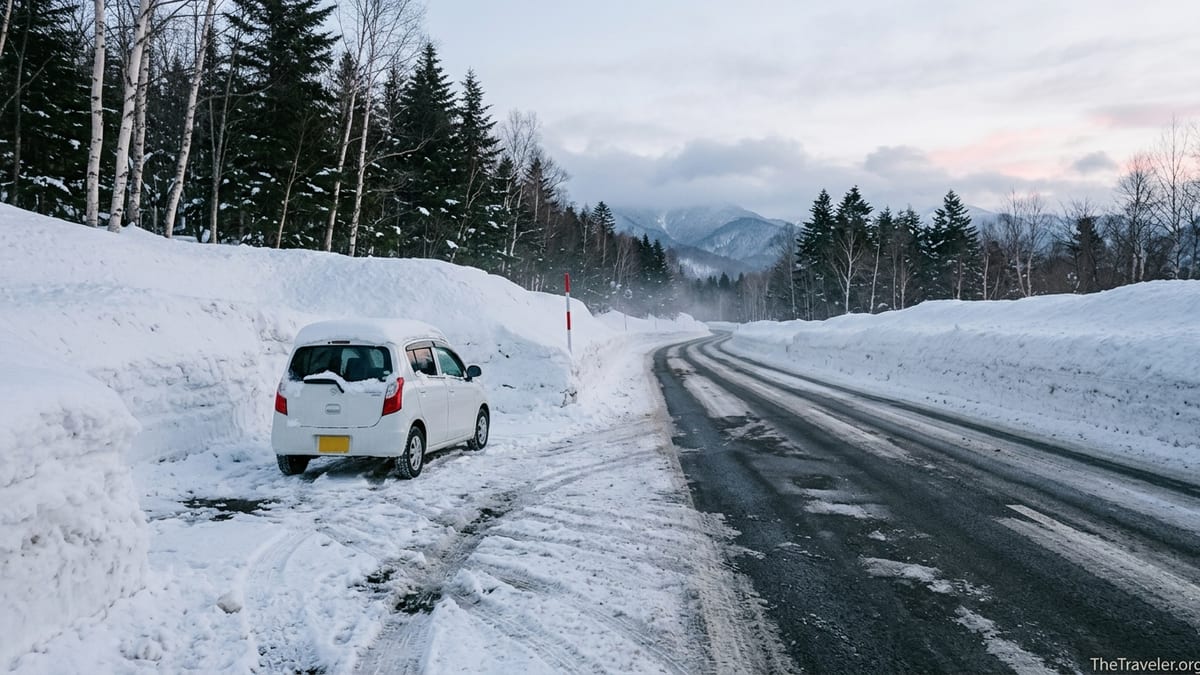 Compact car parked beside tall snow walls on a mountain road in northern Japan.
