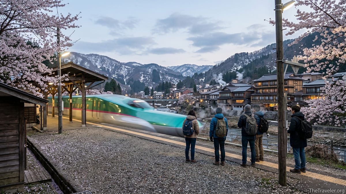 Rural Tohoku train station in cherry blossom season with snow-capped mountains and onsen town at dusk