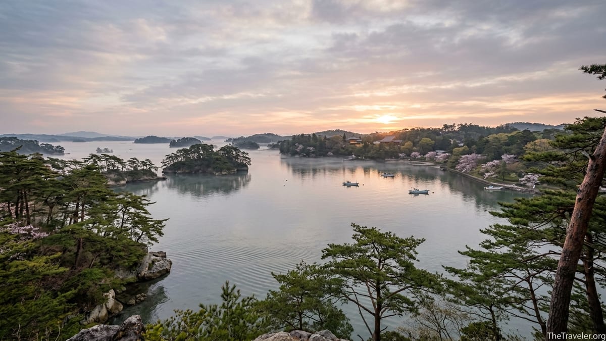 Sunrise over pine dotted islands of Matsushima Bay in northern Japan.